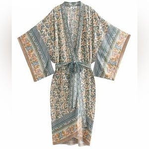 Boho Kimono beach bikini cover up cream blue batwing floral cardigan NWT